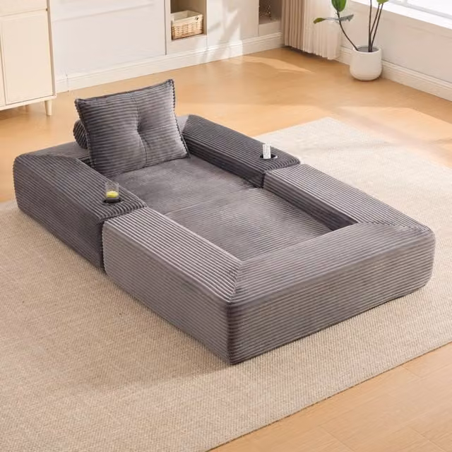 Divano Letto Pieghevole ¨C MINIMAL ¨C Tessuto a Coste, Cuscini, Portabicchieri