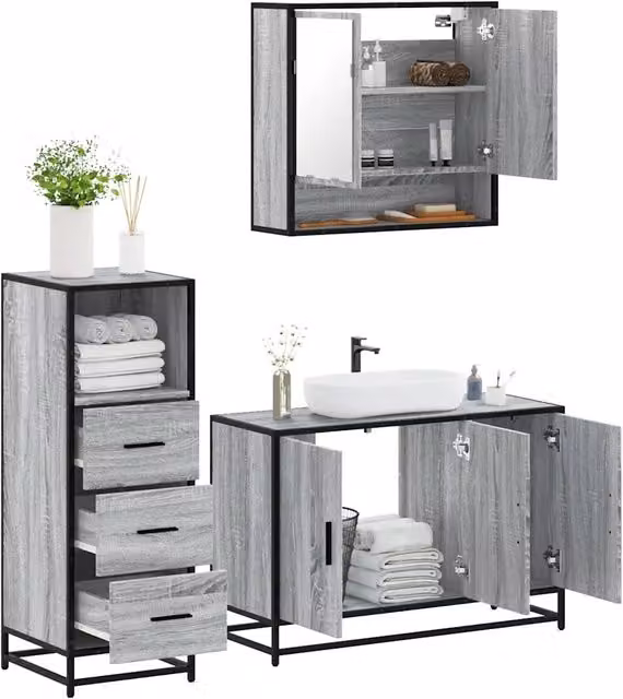 Set Mobili da Bagno 3 pz Grigio Sonoma in Legno Multistrato 3301043