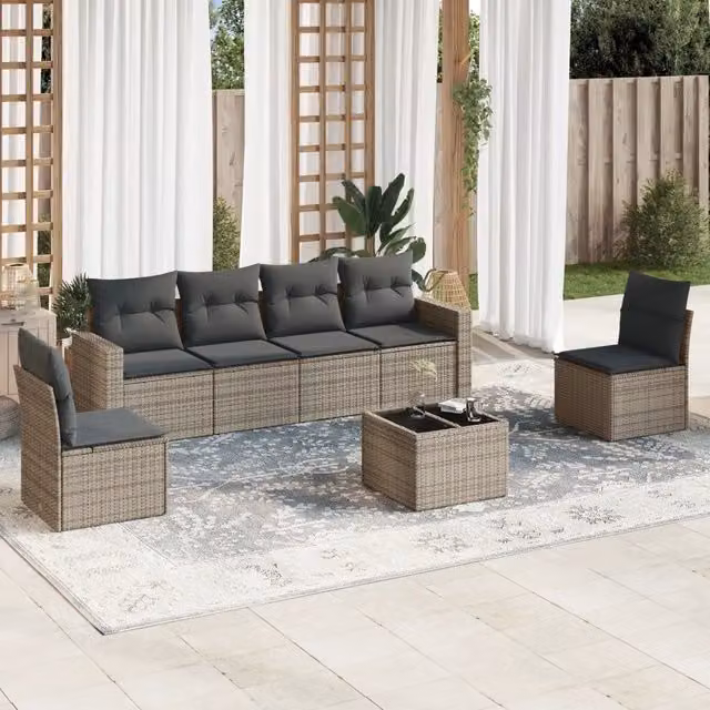 Set Divani da Giardino 7 pz con Cuscini Grigio in Polyrattan 3218810