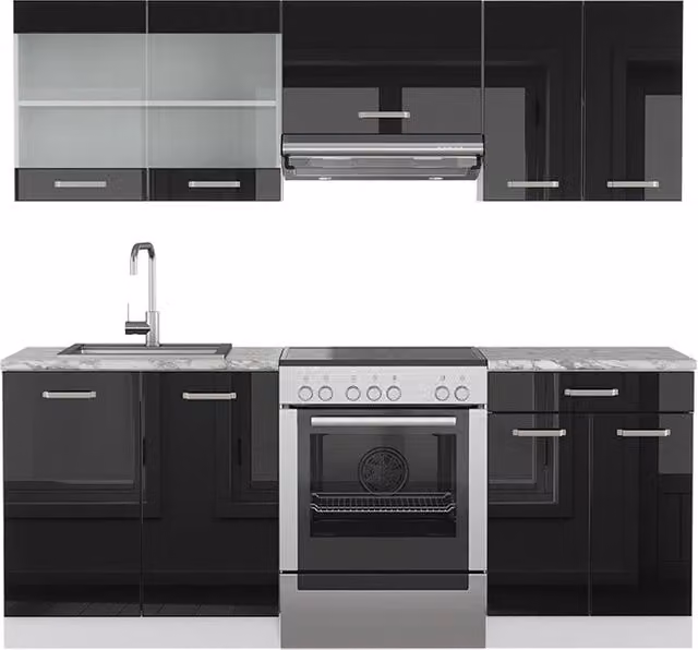 Cucina componibile R-Line Nero lucido/Bianco 200 cm Senza piano di lavoro Vicco