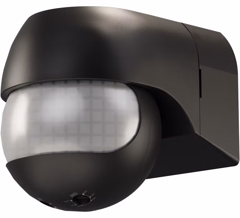 Rilevatore di movimento, orientabile in inclinazione e rotazione, nero, per montaggio a vista a parete, campo di rilevamento di 180°, portata di 12 m, per esterni (IP44), compatibile con LED