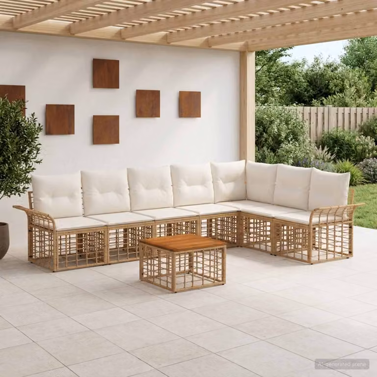 Set di divani da esterno vidaXL 8 pz a forma di L con tavolino da caffè, struttura in acciaio verniciato e cuscini inclusi, colori beige, bianco e marrone