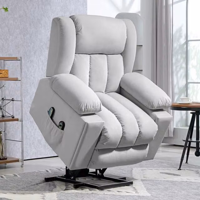 Poltrona relax alzapersona elettrica ULEVR con massaggio, calore, reclinazione 135¡ã, USB e portabicchieri, velluto grigio chiaro