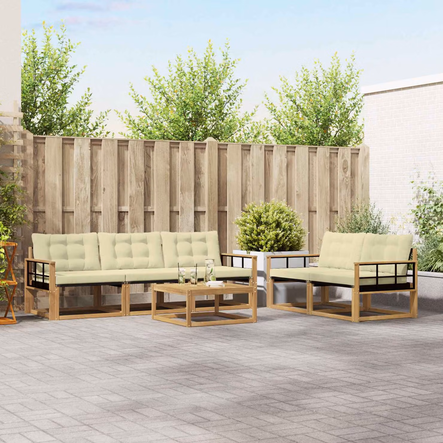 Set di divani da esterno vidaXL a forma di L con tavolo da caffè, 6 pezzi, in legno di acacia e tessuto textilene, Bianco e Beige
