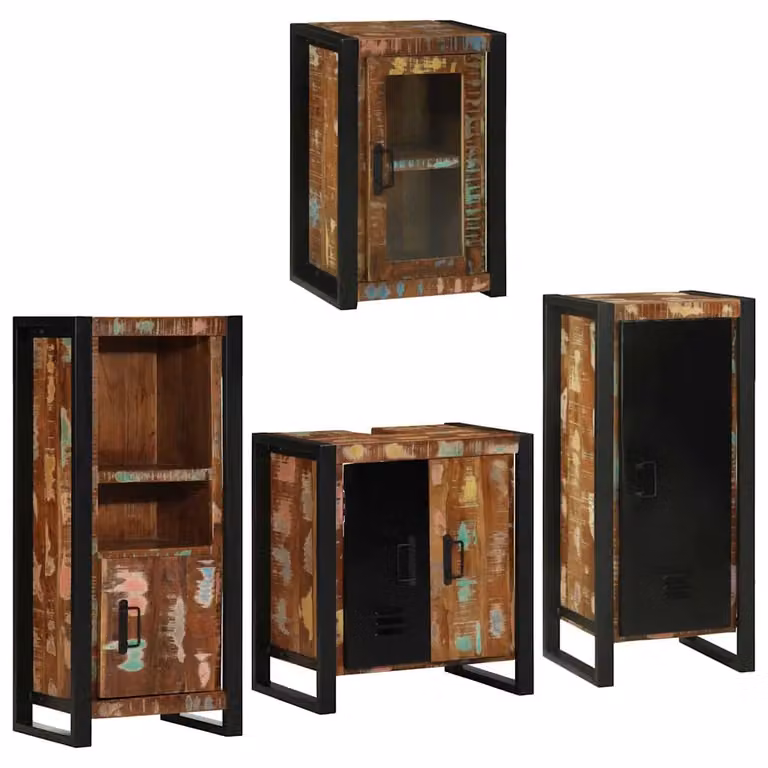 Set di mobili per il bagno vidaXL in legno e metallo marrone e nero con mobile lavabo e pensile a parete stile minimalista