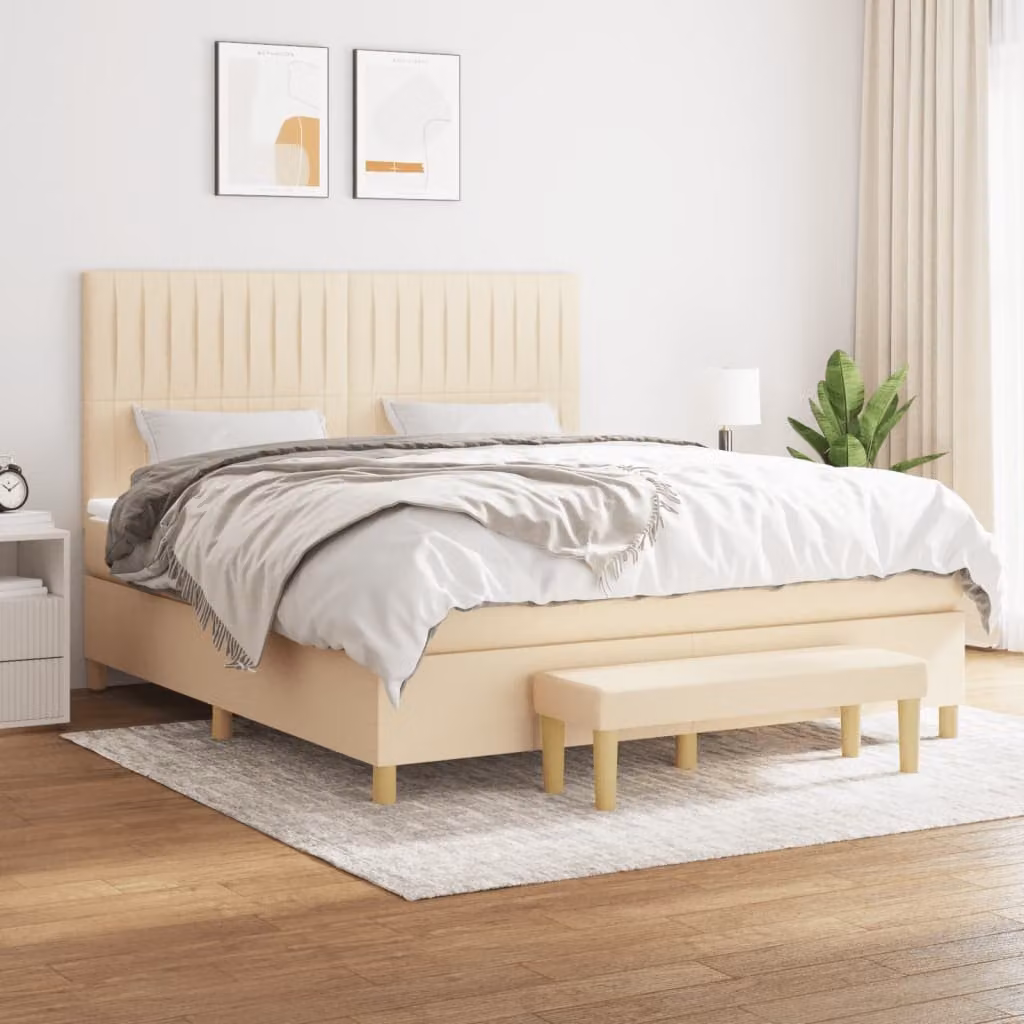 vidaXL Letto Ibrido con Giroletto a Molle e Materasso in Tessuto Beige e Bianco L/P: 160 x 200 cm