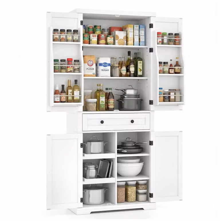 COSTWAY Mobile da cucina alto, 184 cm, dispensa, mobile buffet con 4 ripiani, 2 vassoi scorrevoli, 4 ante e un cassetto, mobile contenitore, bianco