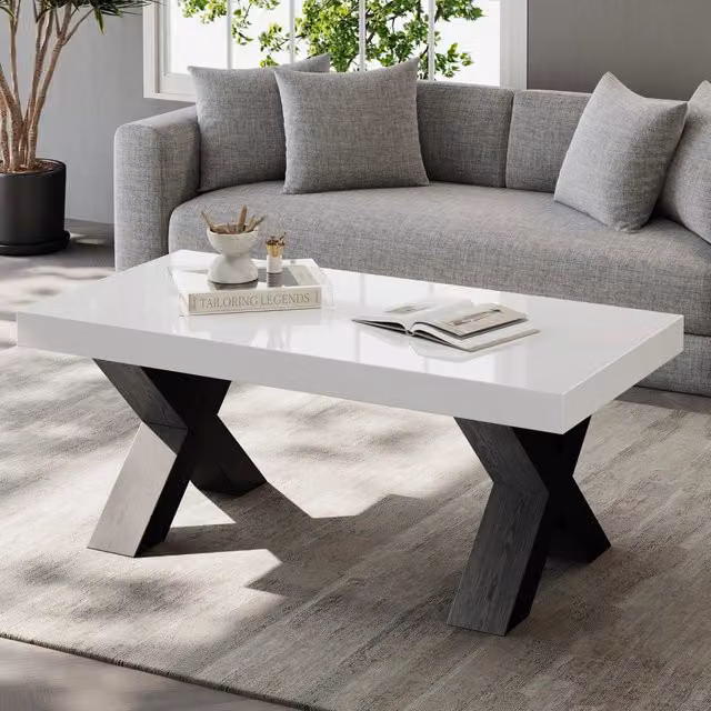 Tavolino basso fisso rettangolare con piano lucido e gambe a X in MDF bianco e nero 100 × 50 × 40 cm