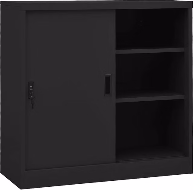 Armadio da ufficio HELLOSHOP26 in metallo antracite con ante scorrevoli, serratura e ripiani regolabili, L 90 cm x P 40 cm x H 90 cm