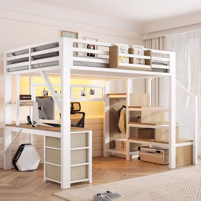 Letto a soppalco con scrivania e armadio ¨C Minimal ¨C metallo bianco 140x200cm, 3 cassetti, luci LED