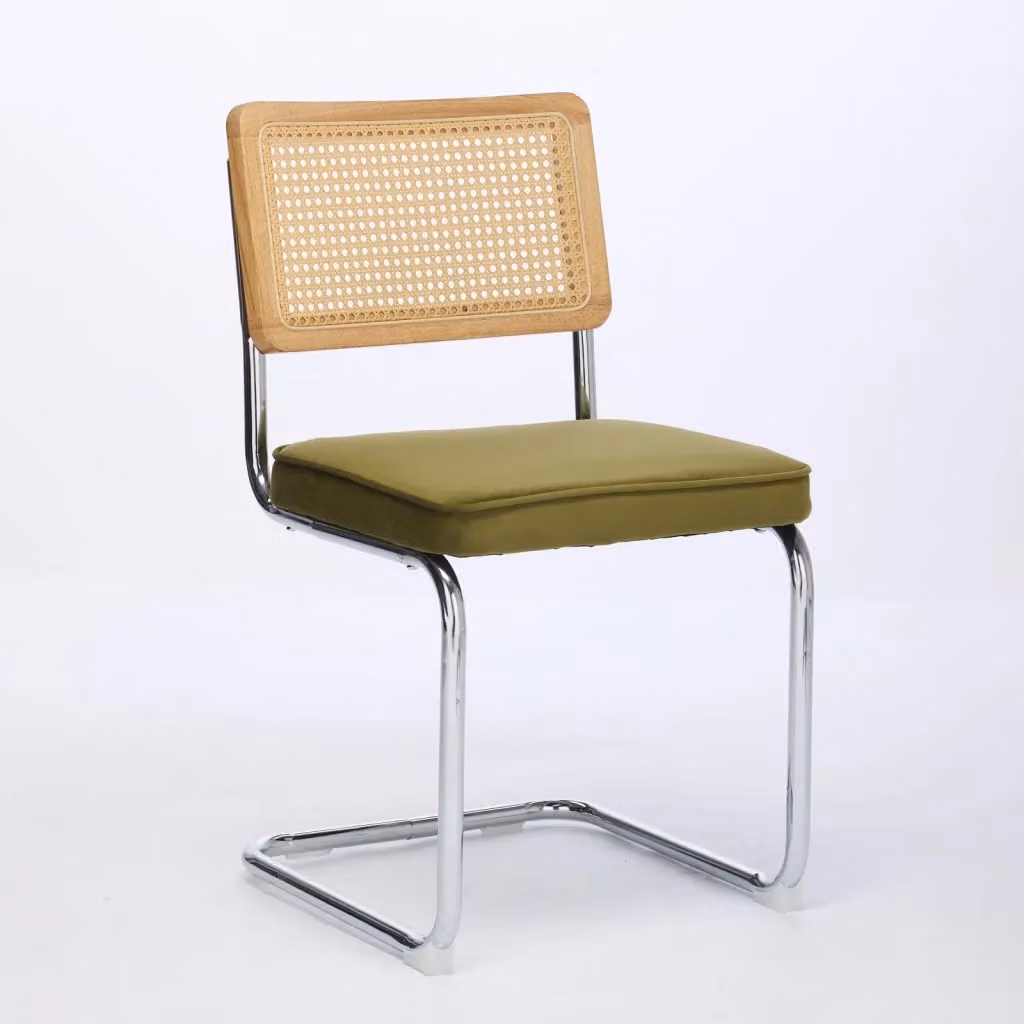Sedia da pranzo a sbalzo OKWISH con schienale in rattan e seduta in velluto verde oliva e struttura in metallo – 2