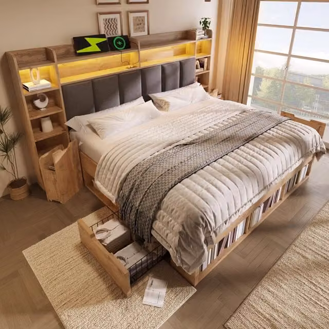 Letto matrimoniale 180 × 200 cm con testiera imbottita grigia LED USB-C legno color rovere e cassetti