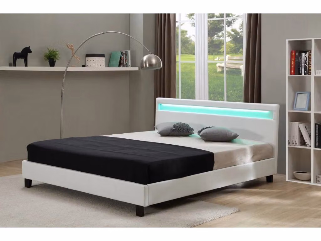 Letto Maria con illuminazione LED sotto il letto, rivestimento in ecopelle bianco, L 160 x P 200 x H 215 cm – 2