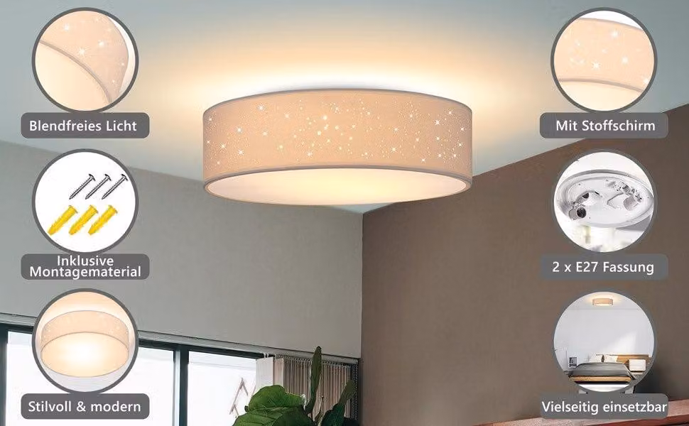 Lampada da soffitto, tessuto bianco, Ø38cm, design cielo stellato