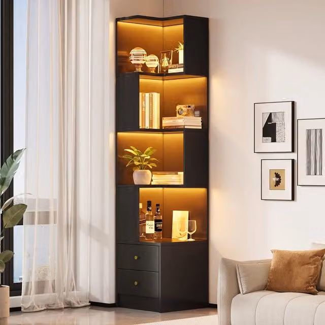Scaffale angolare divisorio a L ¨C Minimal ¨C nero 5 ripiani legno multistrato 45x43,5x180cm