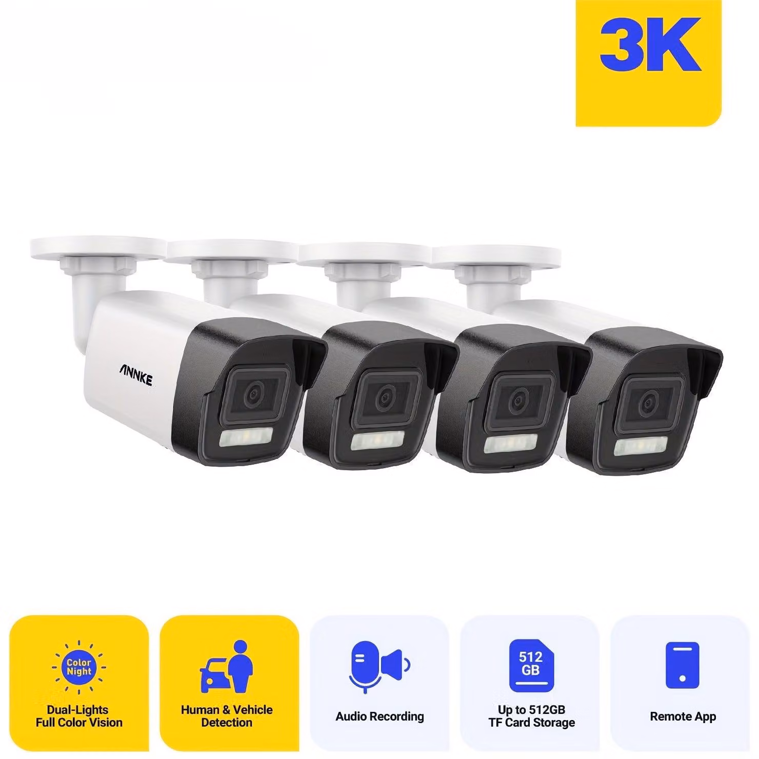 Telecamera di sorveglianza - Sistema di videosorveglianza - Telecamera esterna - Telecamera di sicurezza - Set da 4 pezzi - Risoluzione 3K