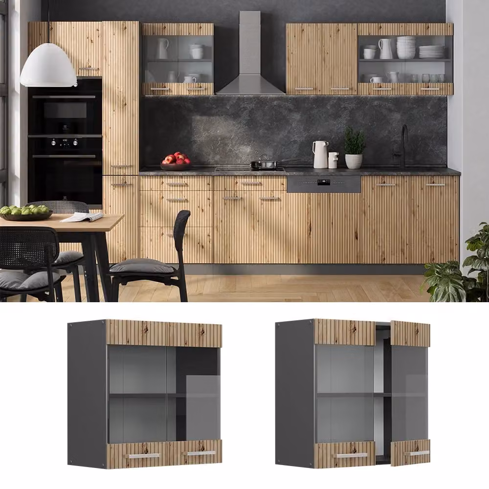 Pensile da cucina Vicco R-Line con ante in vetro, colore Rovere e Antracite, L: 60 cm, P: 31 cm, H: 60 cm – 2