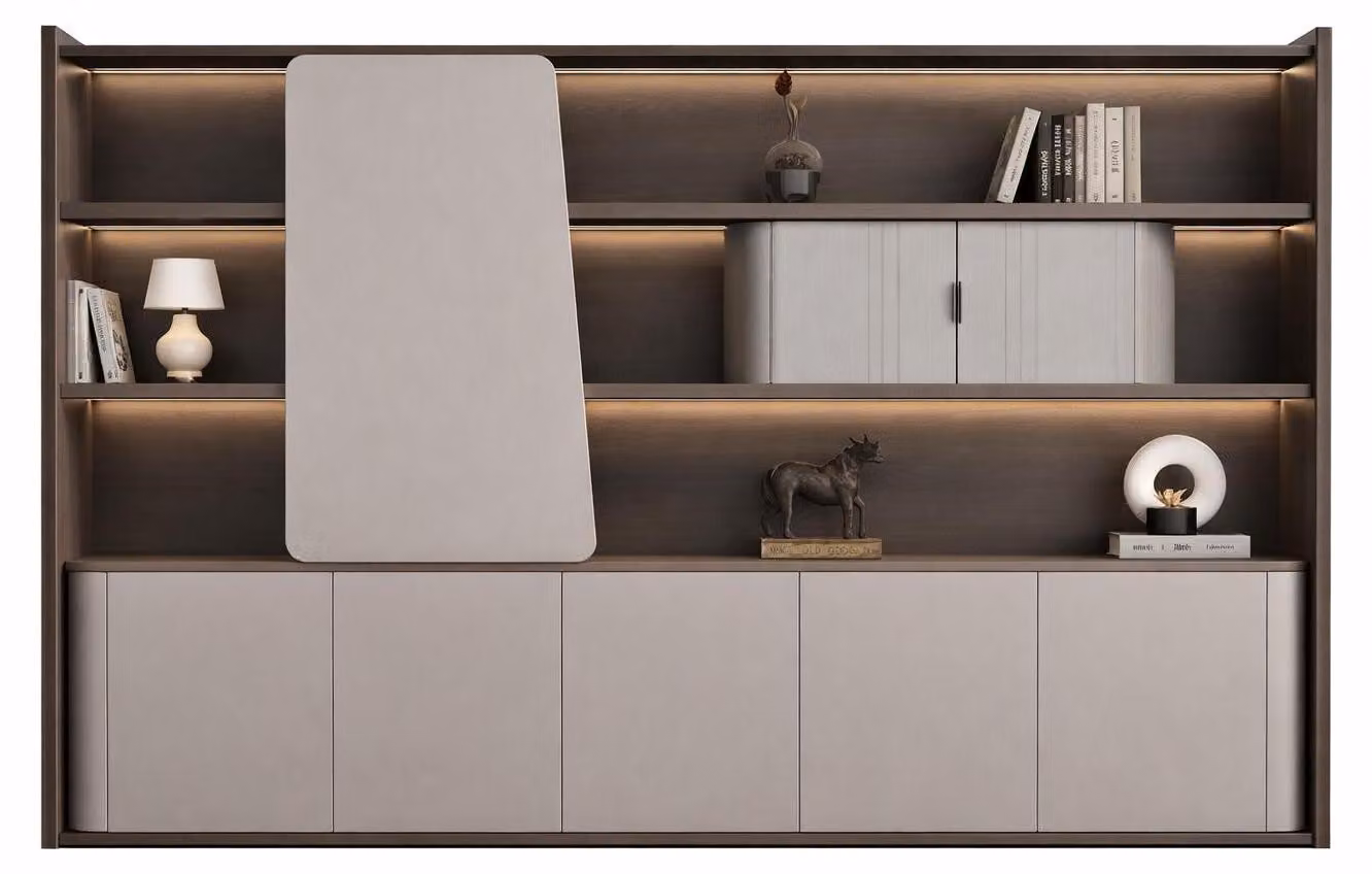 Moderna parete attrezzata da ufficio con illuminazione a LED ed eleganti ripiani