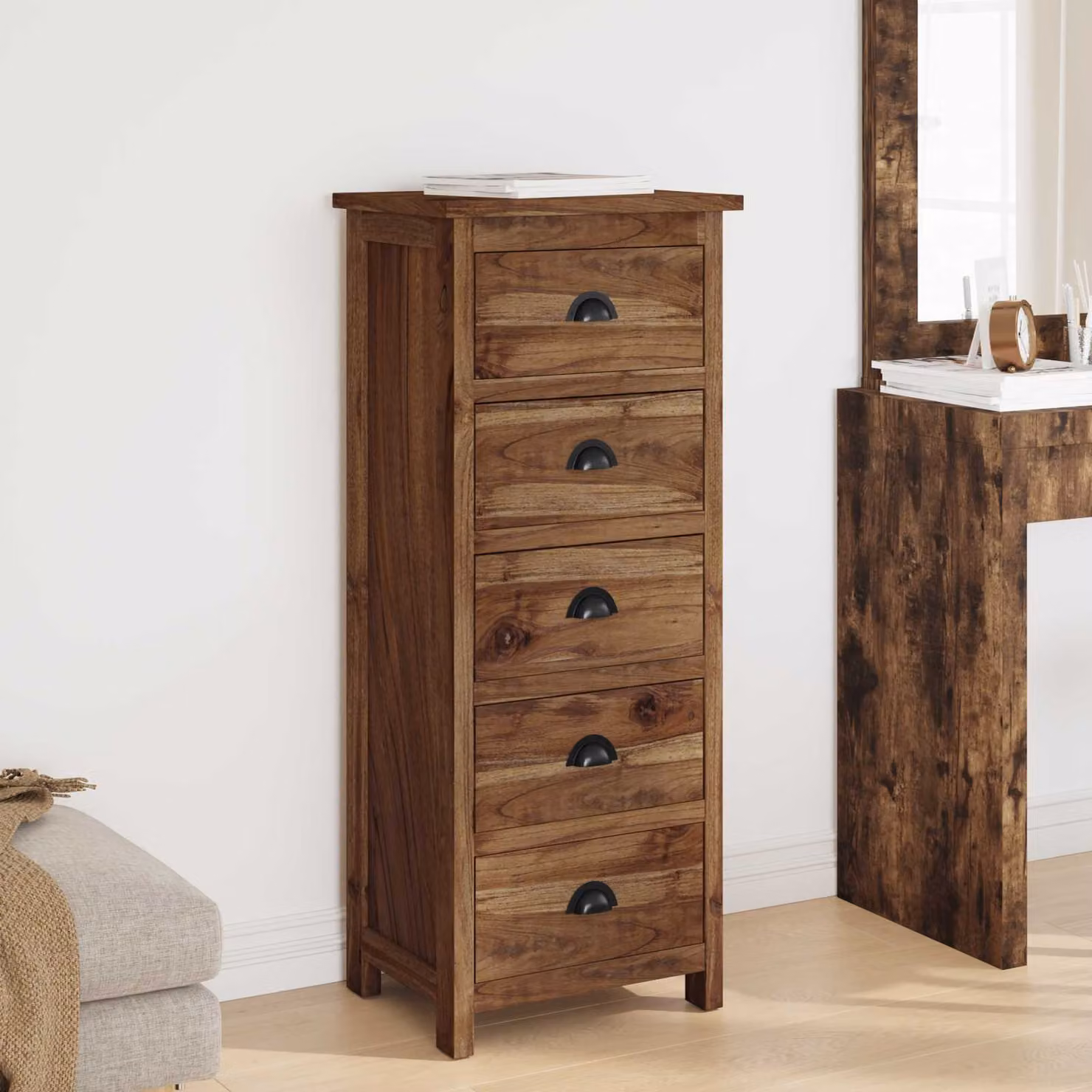 Cassettiera moderna vidaXL in legno di teak solido, colore marrone e nero, L 45 cm x P 35 cm x H 110 cm