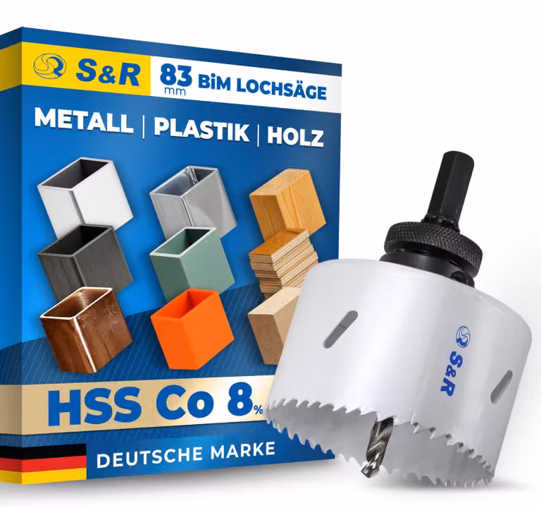 Set di seghe a tazza S&R, bi-metalliche, da 83 mm | Trapano per fori e trapano per lattine per metallo – 83 mm - HSS CO 8%