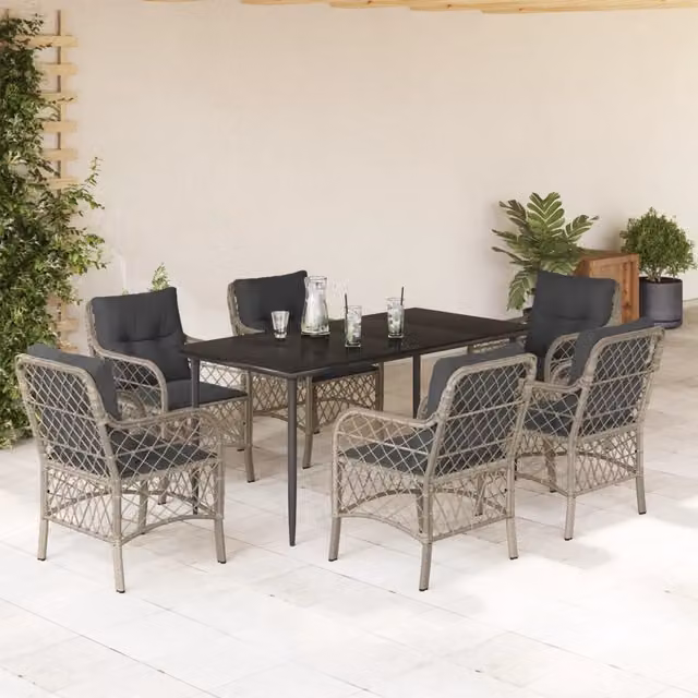 Set da Pranzo da Giardino 7 pz Cuscini Polyrattan Grigio Chiaro