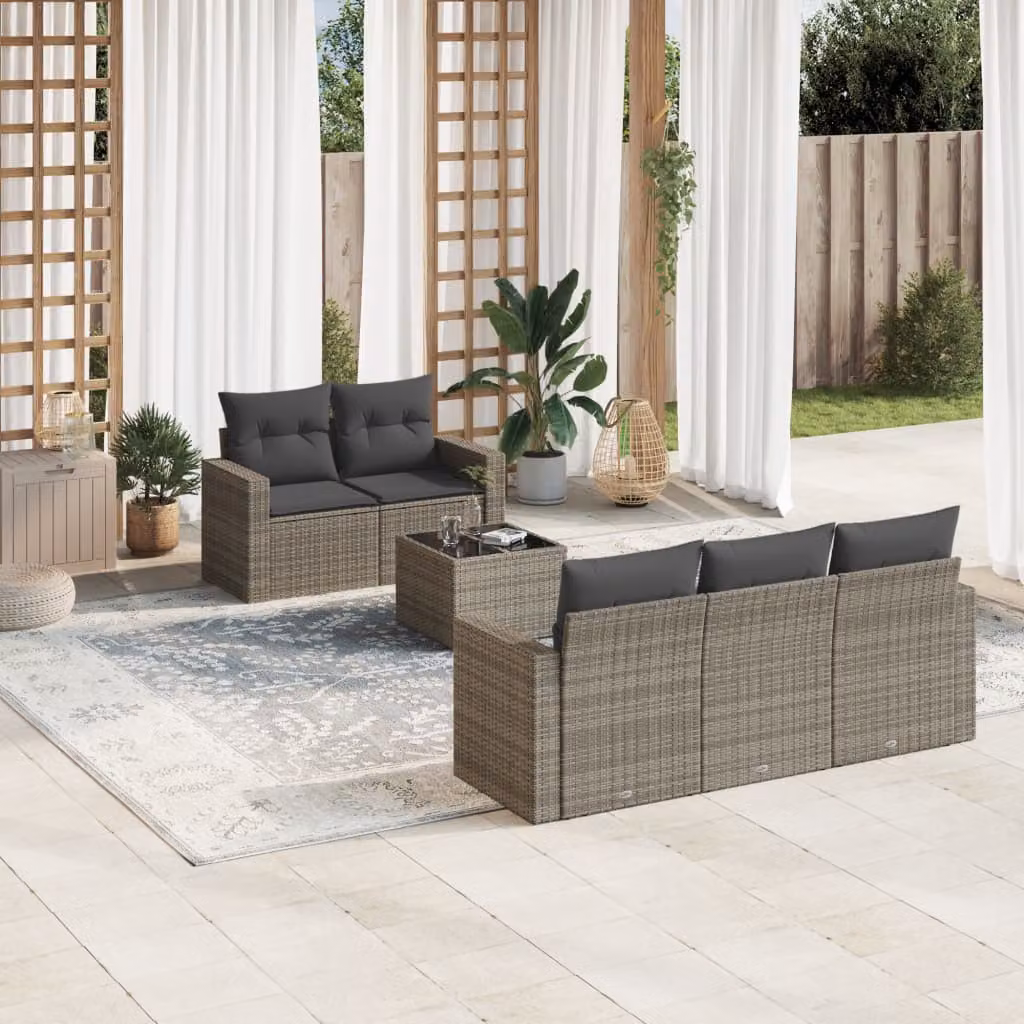 vidaXL Set Divano da Giardino 6 pz a L con Cuscini Grigio in Polyrattan e Tavolino da Esterno – 1