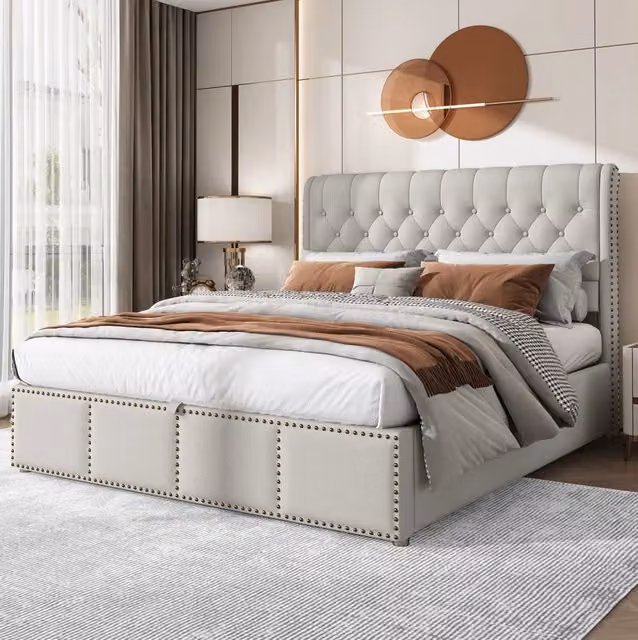 Letto contenitore 140x200 cm; testiera morbida con rivetti; lino; grigio (Senza materasso)