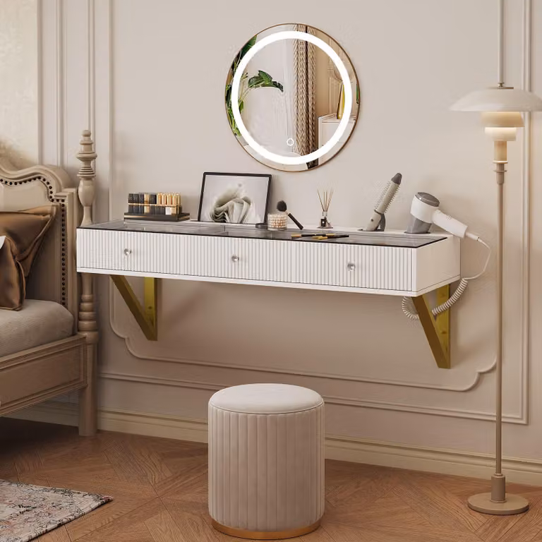 Tavolino da toilette a parete Merax, 3 cassetti con divisori, piano in vetro, porta tablet e porta bicchieri, tavolo cosmetico elegante, tavolo cosmetico, bianco