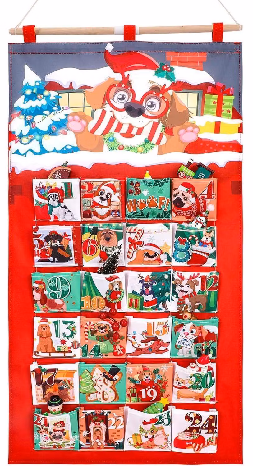 Calendario dell'Avvento per cani, riutilizzabile, con 24 tasche da appendere