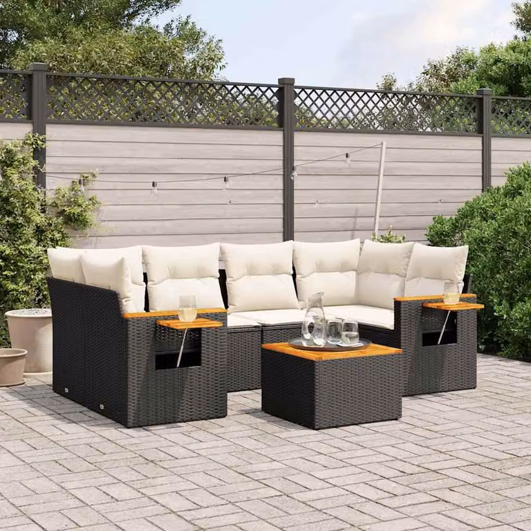 vidaXL Set Divani da Giardino a L con Polyrattan e Cuscini 7pz Nero e Bianco