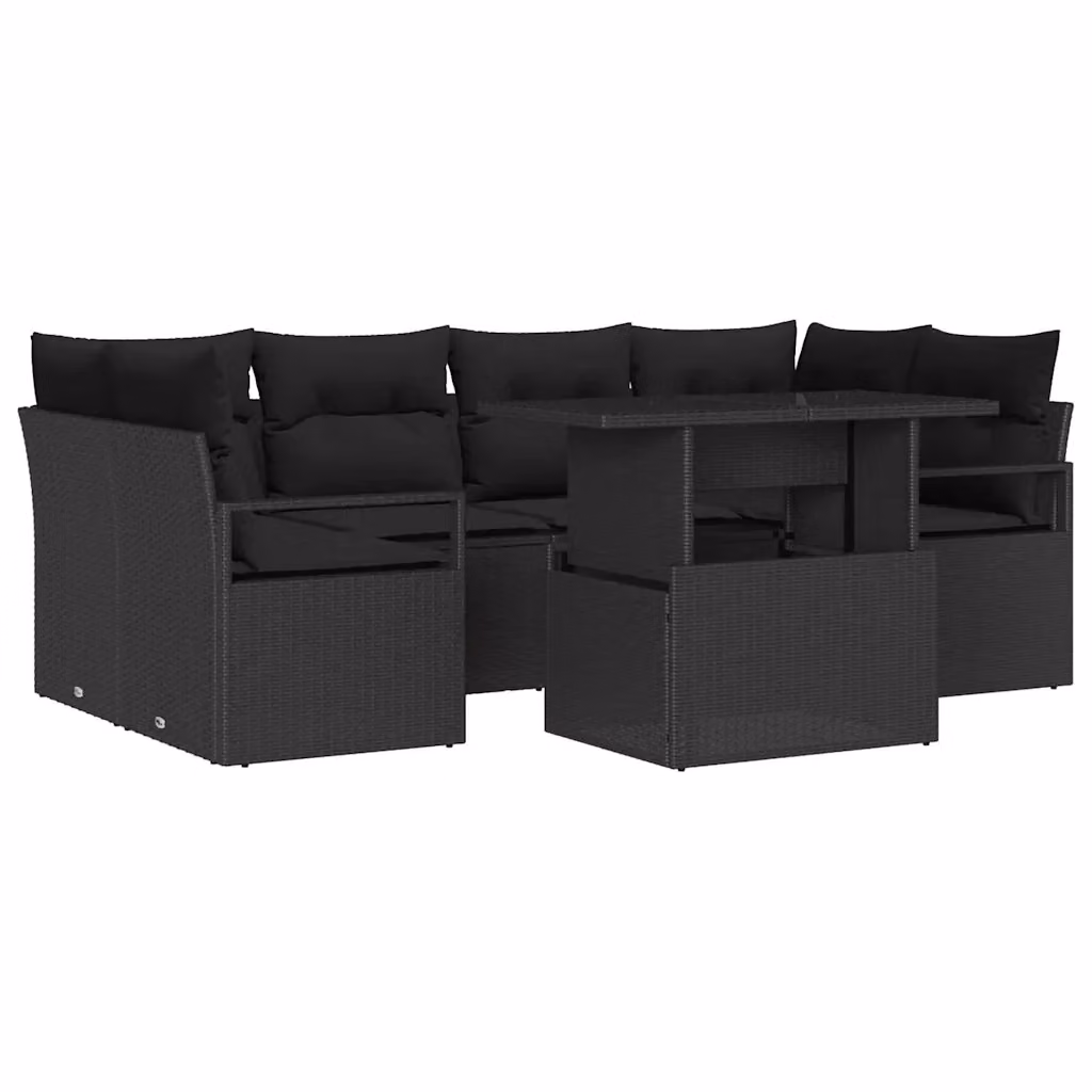 Set Divano da Giardino vidaXL a 7 posti con Archiviazione e Cuscini, Colore Nero, Design Moderno a Forma di U con Tavolino e Ottoman – 2