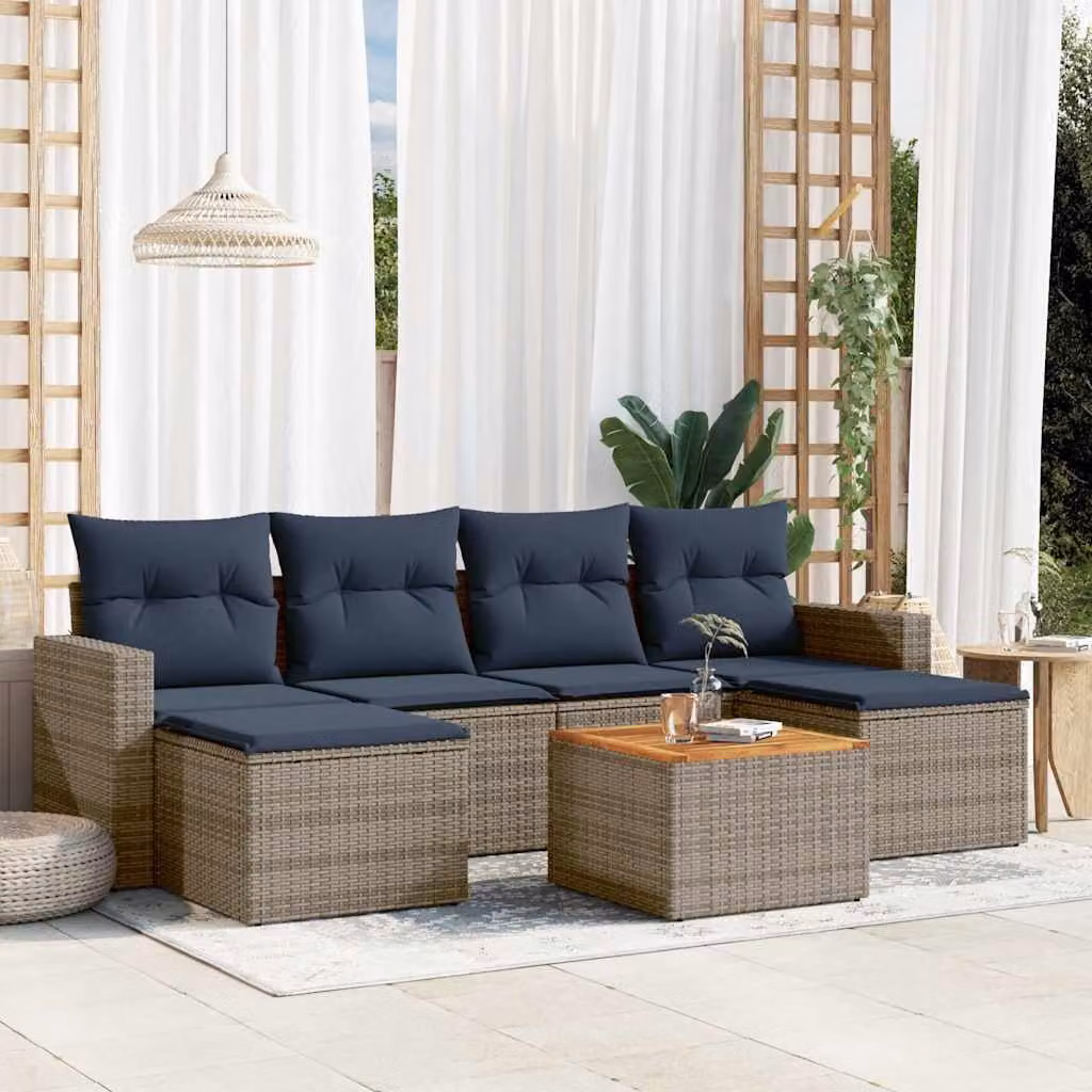 Set di divani da giardino vidaXL in polyrattan 7 pezzi con cuscini grigi e blu per esterno