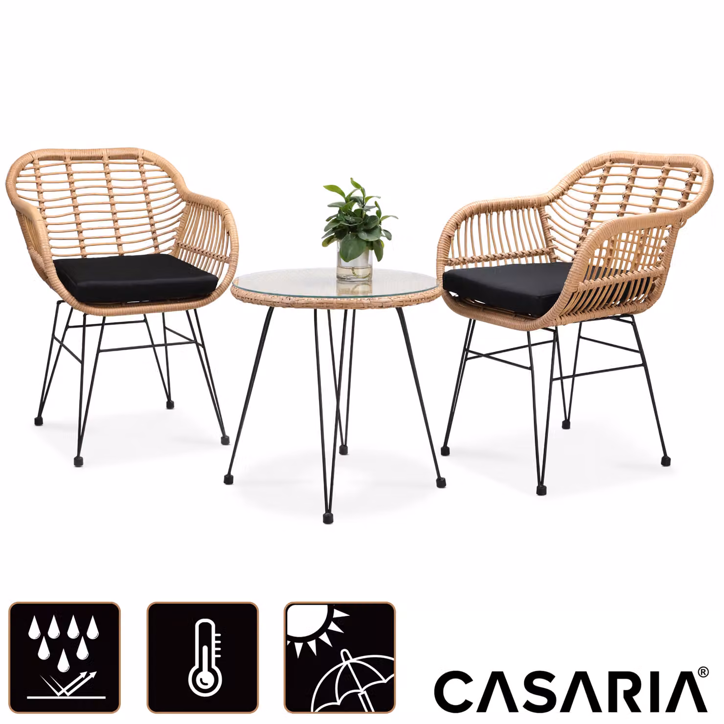 Set da giardino Casaria in polyrattan color beige e nero con tavolo rotondo in vetro per 3 persone – 2