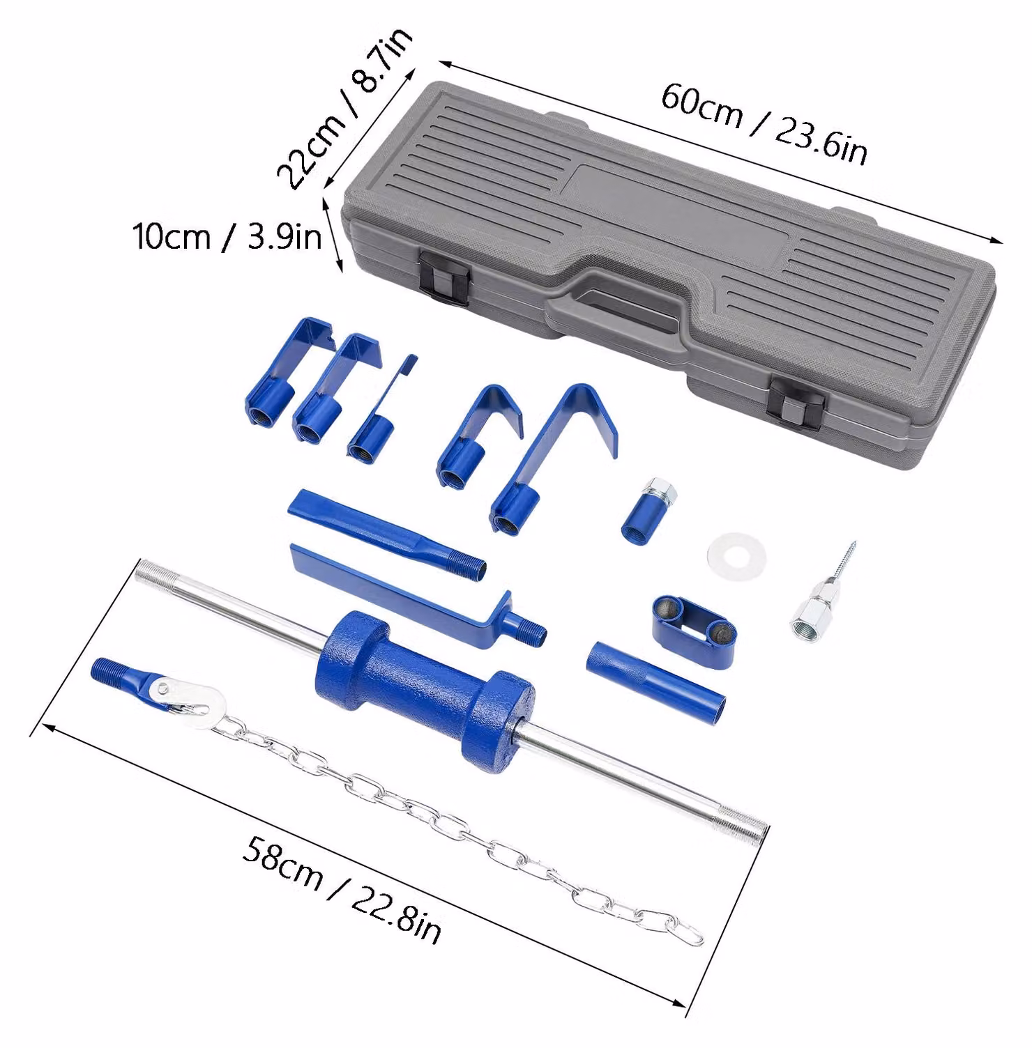 Kit per la riparazione di ammaccature auto - Set di estrattori metallici per ammaccature - Albero di 58 cm di lunghezza - Martello per carrozzeria e telaio di trazione - Custodia in plastica - 8,5 kg - Colore blu e argento