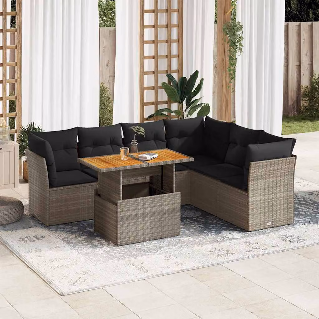 Set Divani da Giardino vidaXL 7 pz in Polyrattan Grigio con Cuscini e Tavolino da Esterno