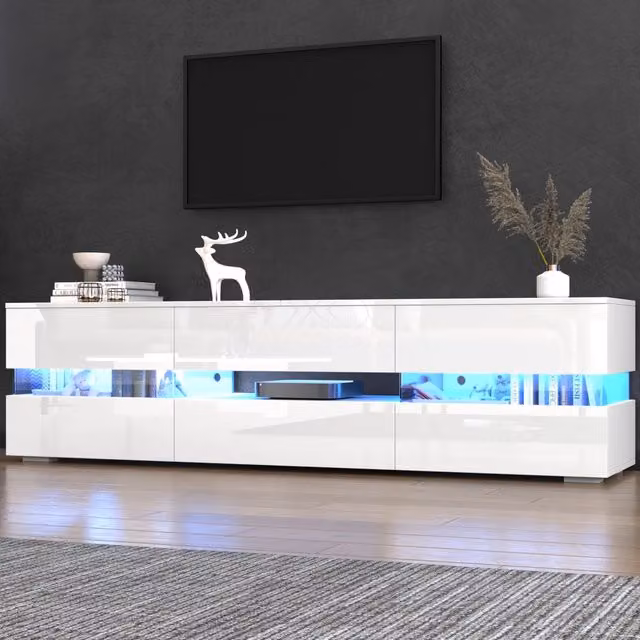 Mobile TV LED FOLYNA in truciolato bianco con fronte lucido, ideale per TV fino a 70 pollici, con 2 ante, cassetto, vano aperto e illuminazione integrata, L/P/H: 160 x 39 x 45 cm
