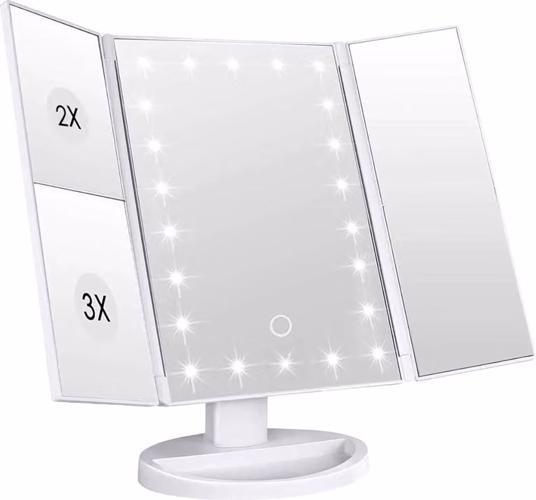 Intirilife Specchio per il trucco con LED - Specchio illuminato per il trucco Specchio da tavolo per il trucco Pieghevole bianco