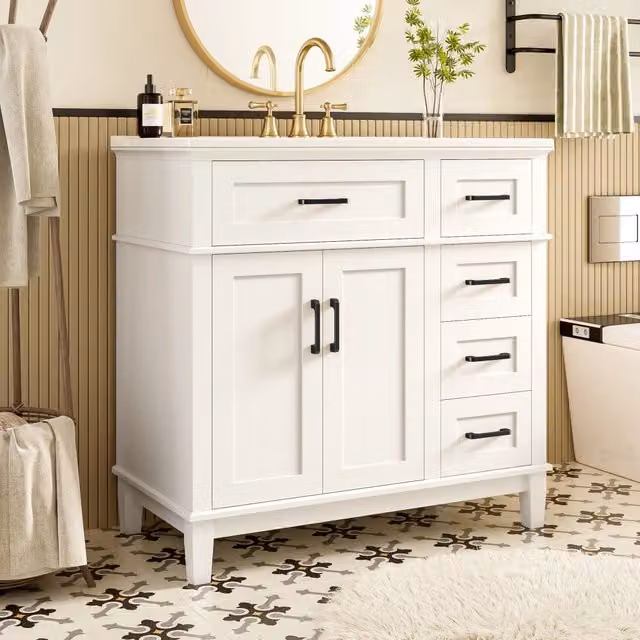 Mobile bagno 90x46x87 cm con lavabo integrato e cassetti a chiusura ammortizzata; MDF e ceramica; bianco con maniglie nere