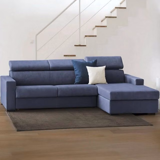 Divano ad angolo Angera Talamo Italia con chaise longue contenitore a destra, rivestimento in tessuto blu, L 260 cm x H 85 cm x P 95 cm