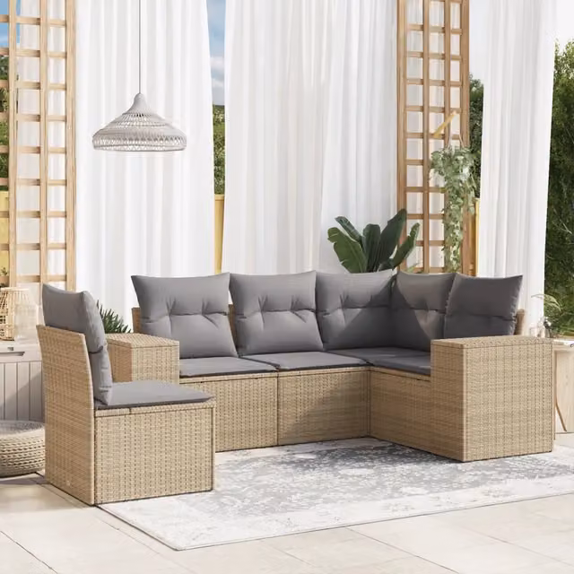 Set Divano da Giardino 5 pz con Cuscini-Sofa da Giardino-Divanetto da esterno Beige in Polyrattan 710149