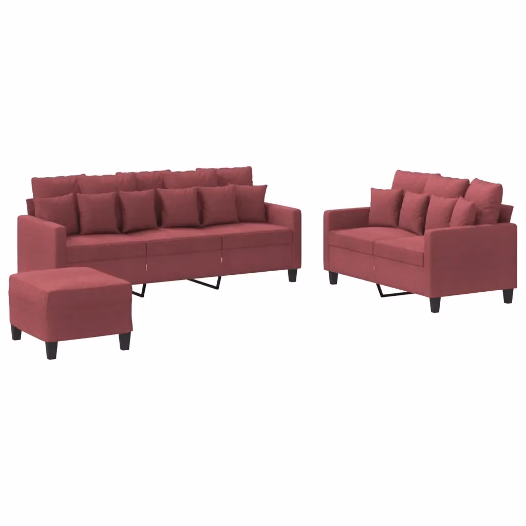 Set di divani 3 pezzi vidaXL in tessuto rosso con pouf e cuscini per soggiorno moderno – 2