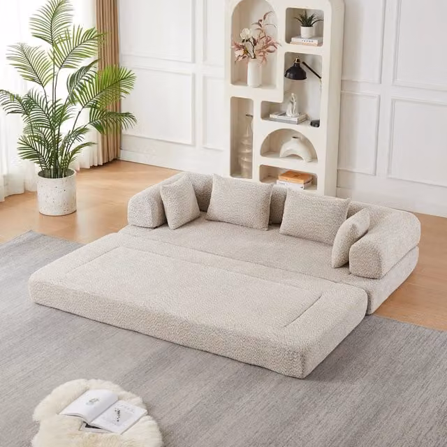 Desviae Divano letto modulare 4 in 1 in ciniglia beige con schienale regolabile 4 cuscini inclusi senza montaggio