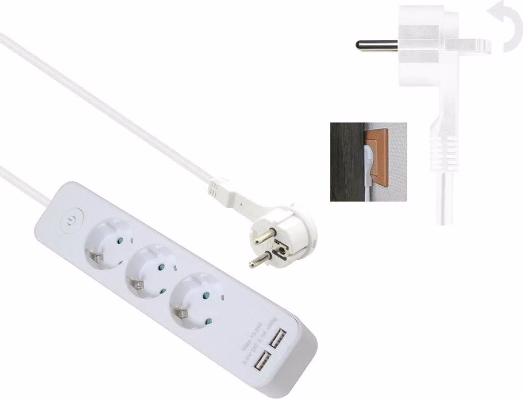 Multipresa helos ADVANCED, a 3 prese, con caricatore USB, bianca, 1,5 m, con interruttore