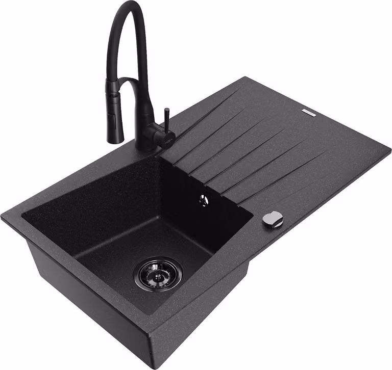 Mexen Cesar lavello in granito a 1 vasca con sgocciolatoio e rubinetto da cucina Aster, nero/argento metallizzato