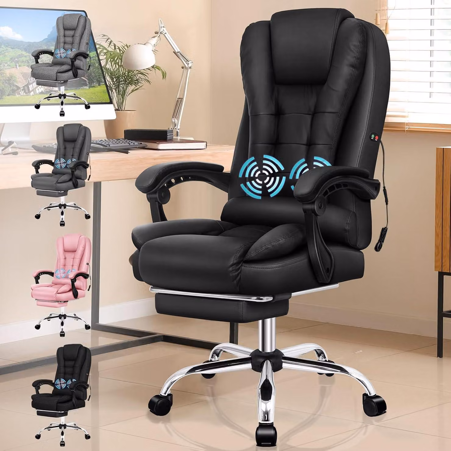 Poltrona da ufficio con funzione massaggio, design ergonomico, rivestimento ampio in ecopelle, colore nero