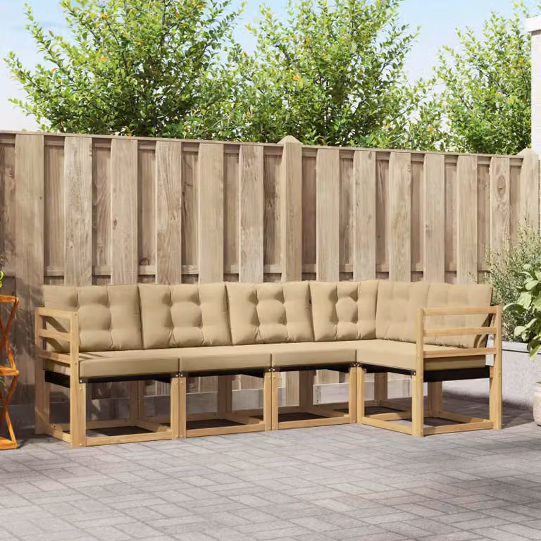 vidaXL Set di divani da esterno a L in legno di acacia con cuscini bianchi e beige