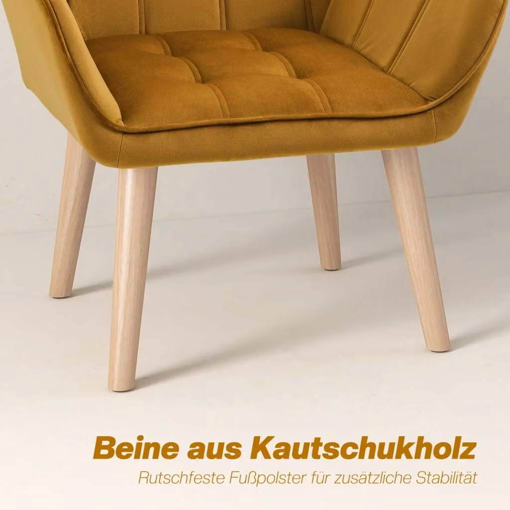 Poltrona Scandinava REDOM in Velluto Giallo con Braccioli e Struttura in Metallo e Legno di Gomma, L: 61,5 cm, P: 61,5 cm, H: 71 cm – 2
