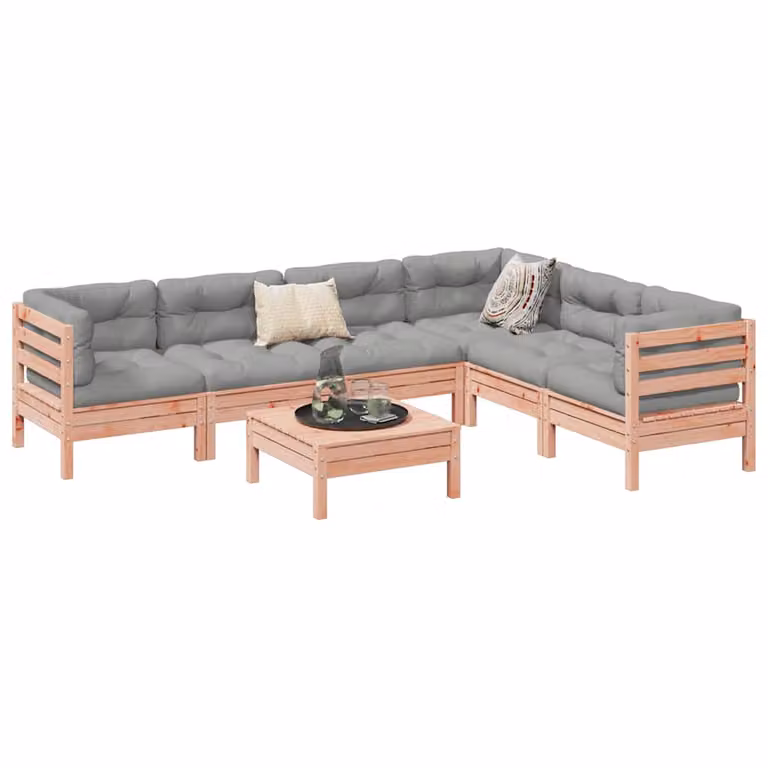 Set di Divani da Giardino vidaXL 7 Pezzi in Legno Massello con Cuscini, Design Moderno a L, Colore Marrone e Grigio