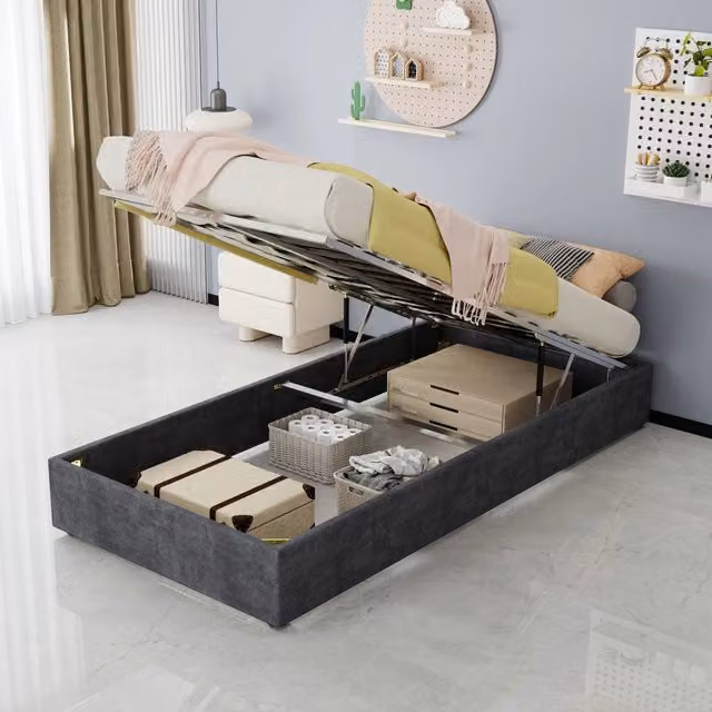 Struttura letto moderna 90 x 200 cm in velluto Dutch grigio con pistoni a gas, senza testiera e materasso