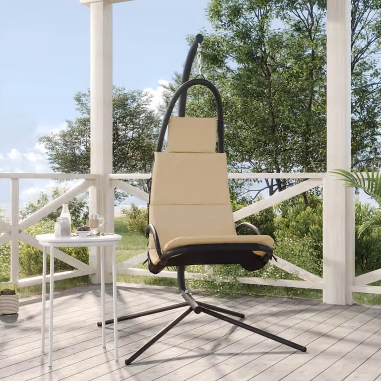 Sedia Dondolo da Giardino e Terrazzo vidaXL con Cuscino in Tessuto Oxford e Struttura in Acciaio, Colore Beige e Nero